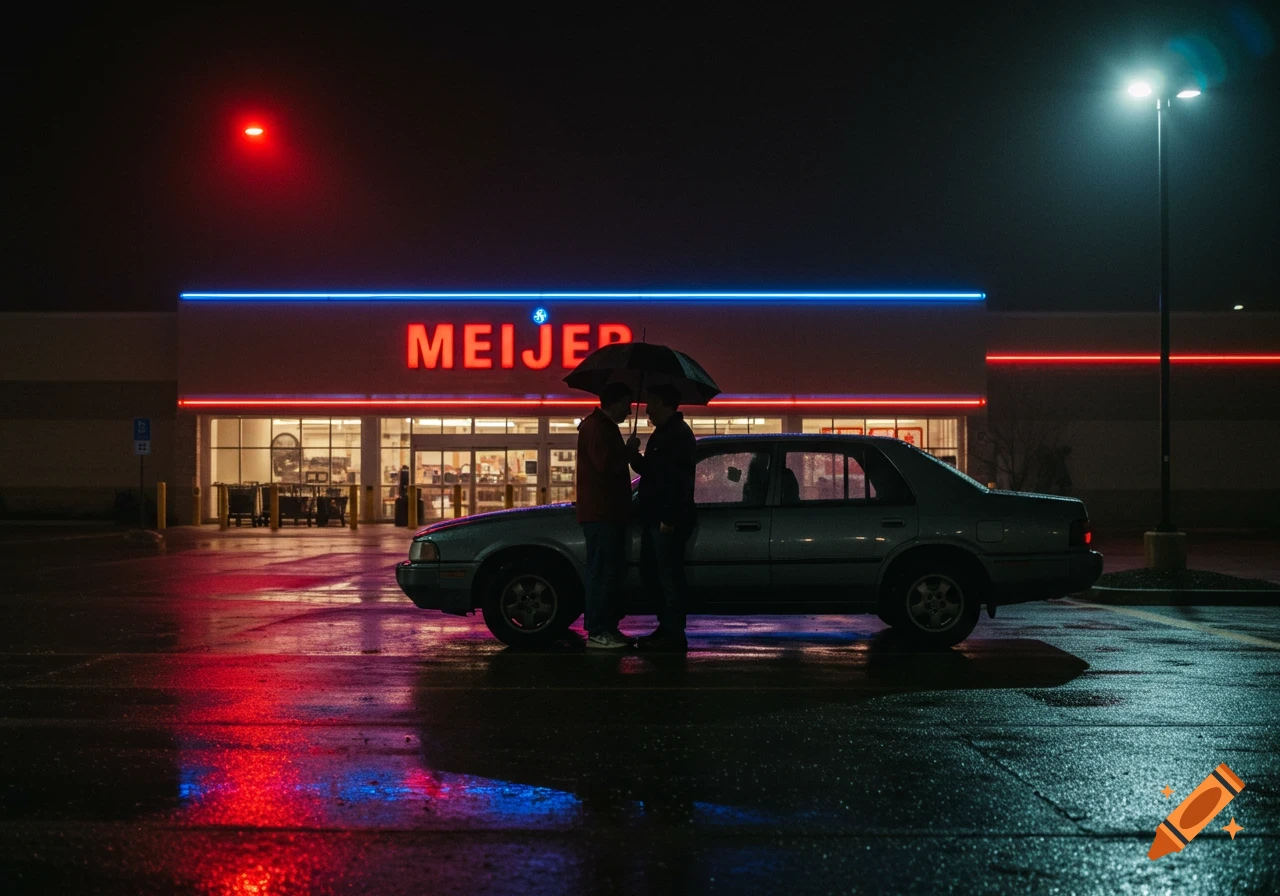 Two people stand under an umbrella next to a car in front of a Meijer store at night, with reflections on the wet ground.