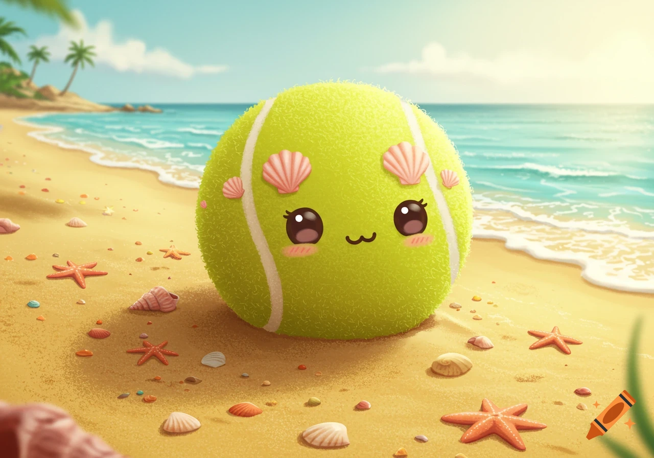 A cute, fluffy green tennis ball with a face and seashell decorations sits on a sandy beach next to ocean waves.