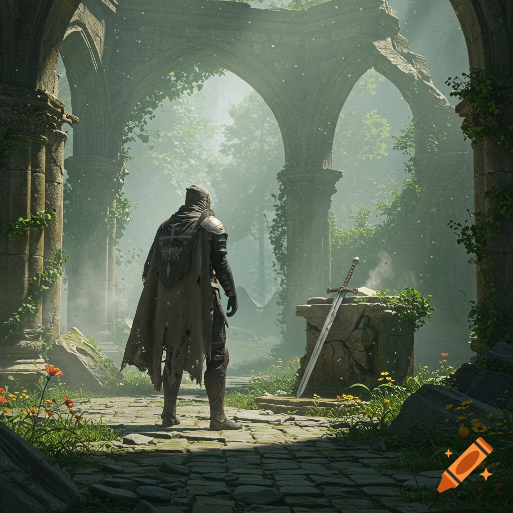 A cloaked figure stands in a misty, ruined gothic structure with a sword on a stone. Photorealistic.