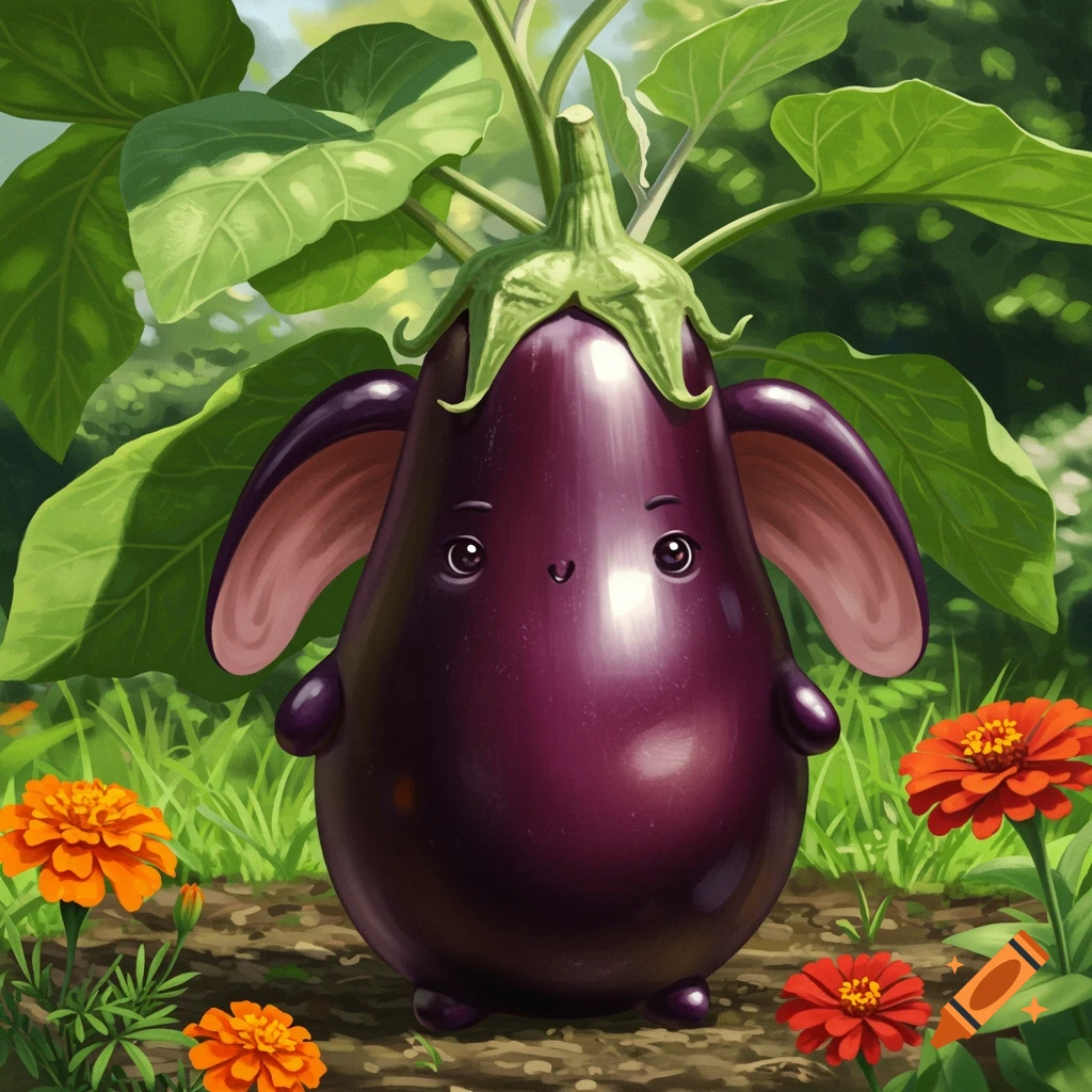 A cute, purple anthropomorphic eggplant with large ears stands in a sunny garden with green leaves and orange flowers.
