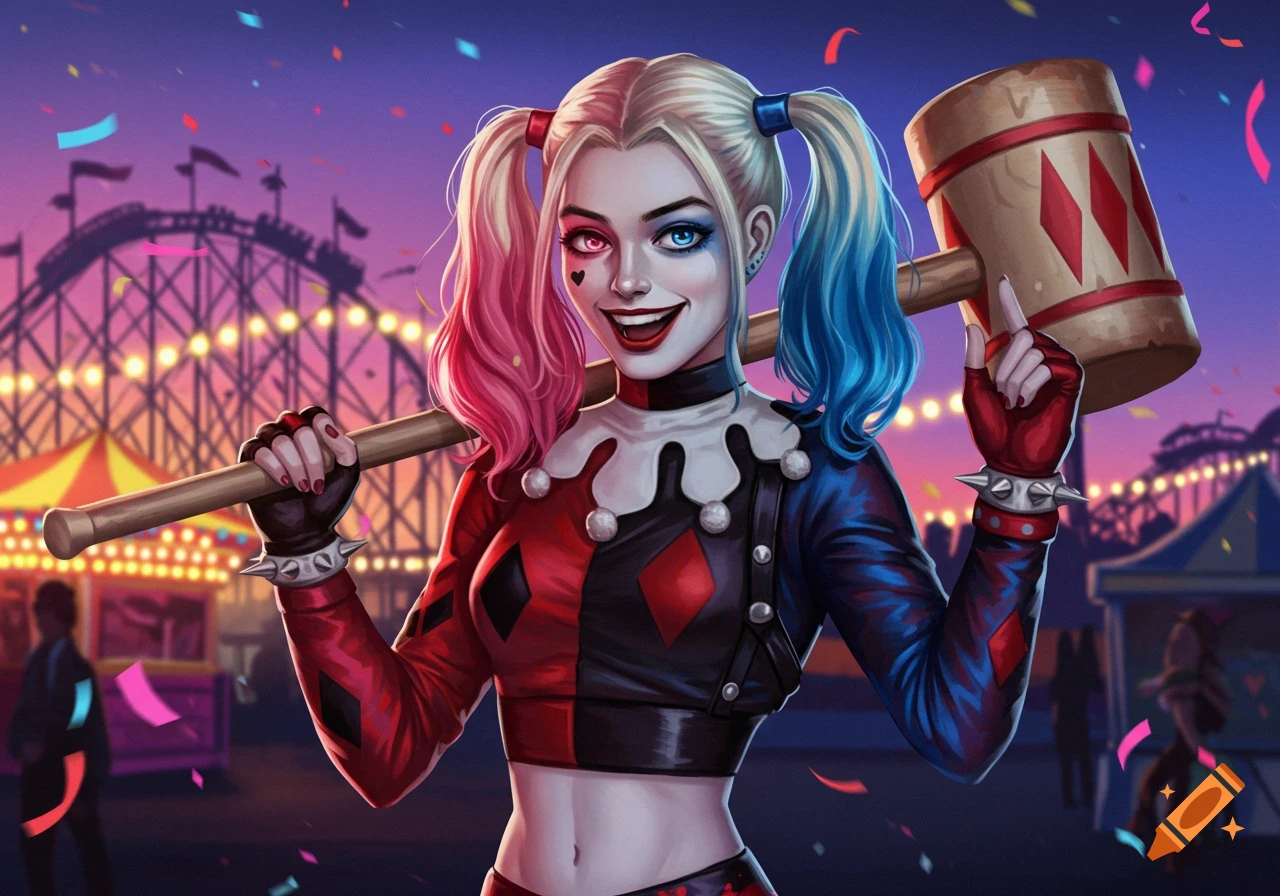 Stylized illustration of Harley Quinn in her jester outfit holding a mallet at a vibrant carnival at dusk.