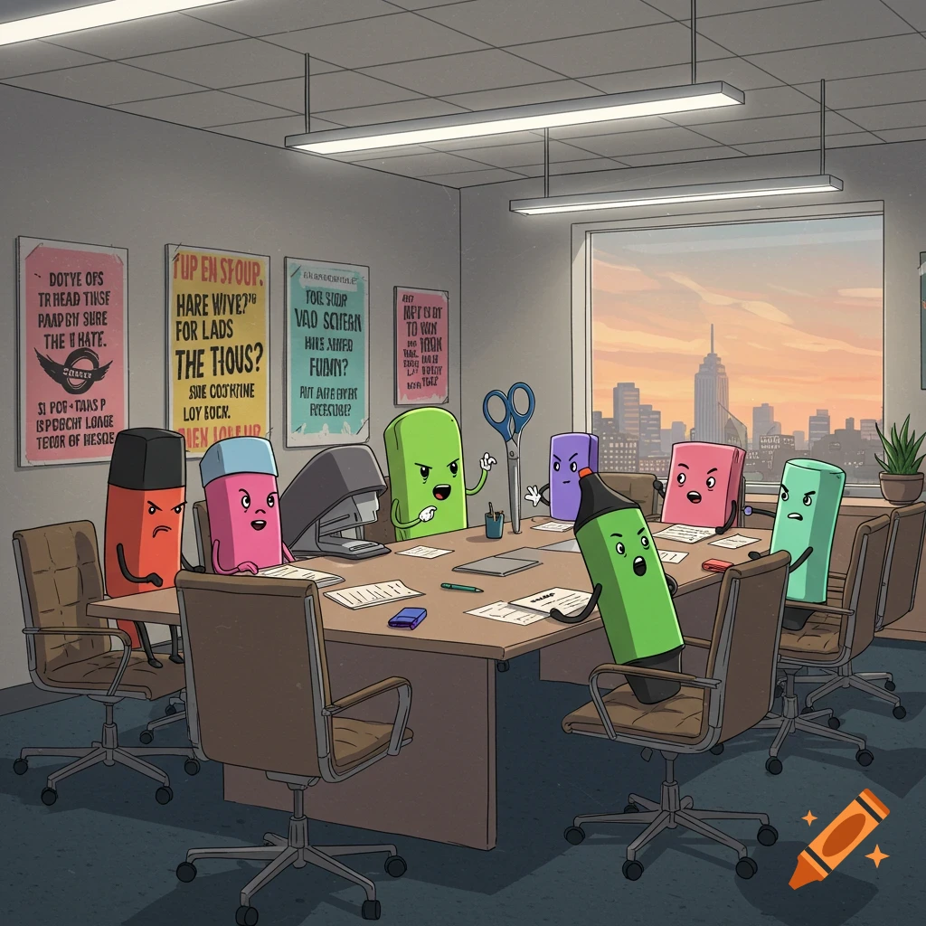 A humorous cartoon image showing anthropomorphic office supplies like erasers and a stapler having a meeting in an office conference room.