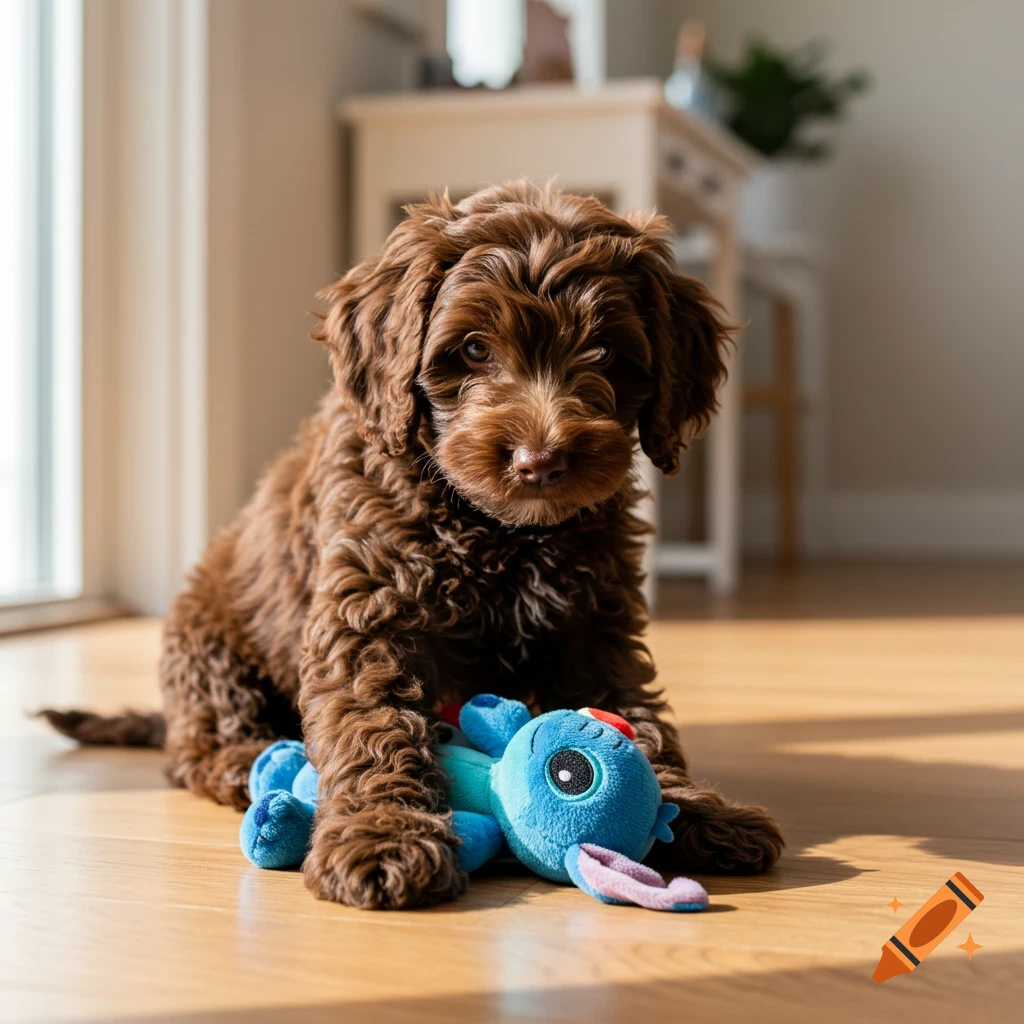 A fluffy dark brown goldendoodle puppy sits on a sunlit wooden floor, a blue Lilo & Stitch plush toy next to its paws.