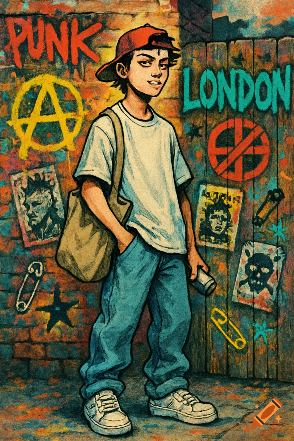 A young man in a red cap stands against a graffiti-covered wall with 'PUNK' and 'LONDON' in a 1990s punk art style.