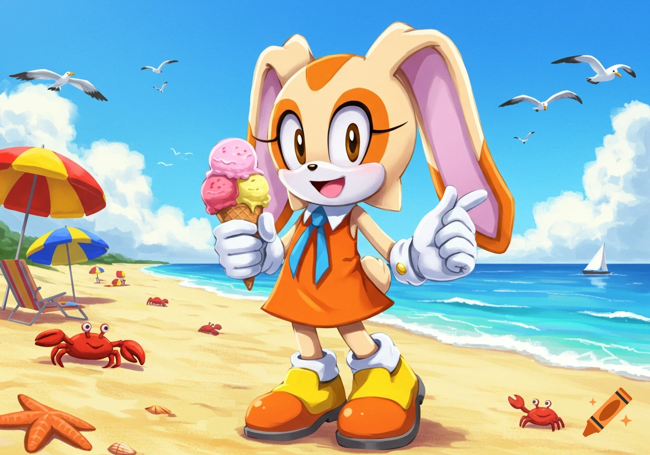 Cream the Rabbit holds an ice cream cone on a sunny beach with seagulls and crabs, cartoon style.