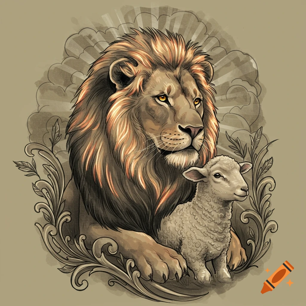 Stylized illustration of a lion and lamb standing together, with decorative swirling elements around them. Tattoo design.