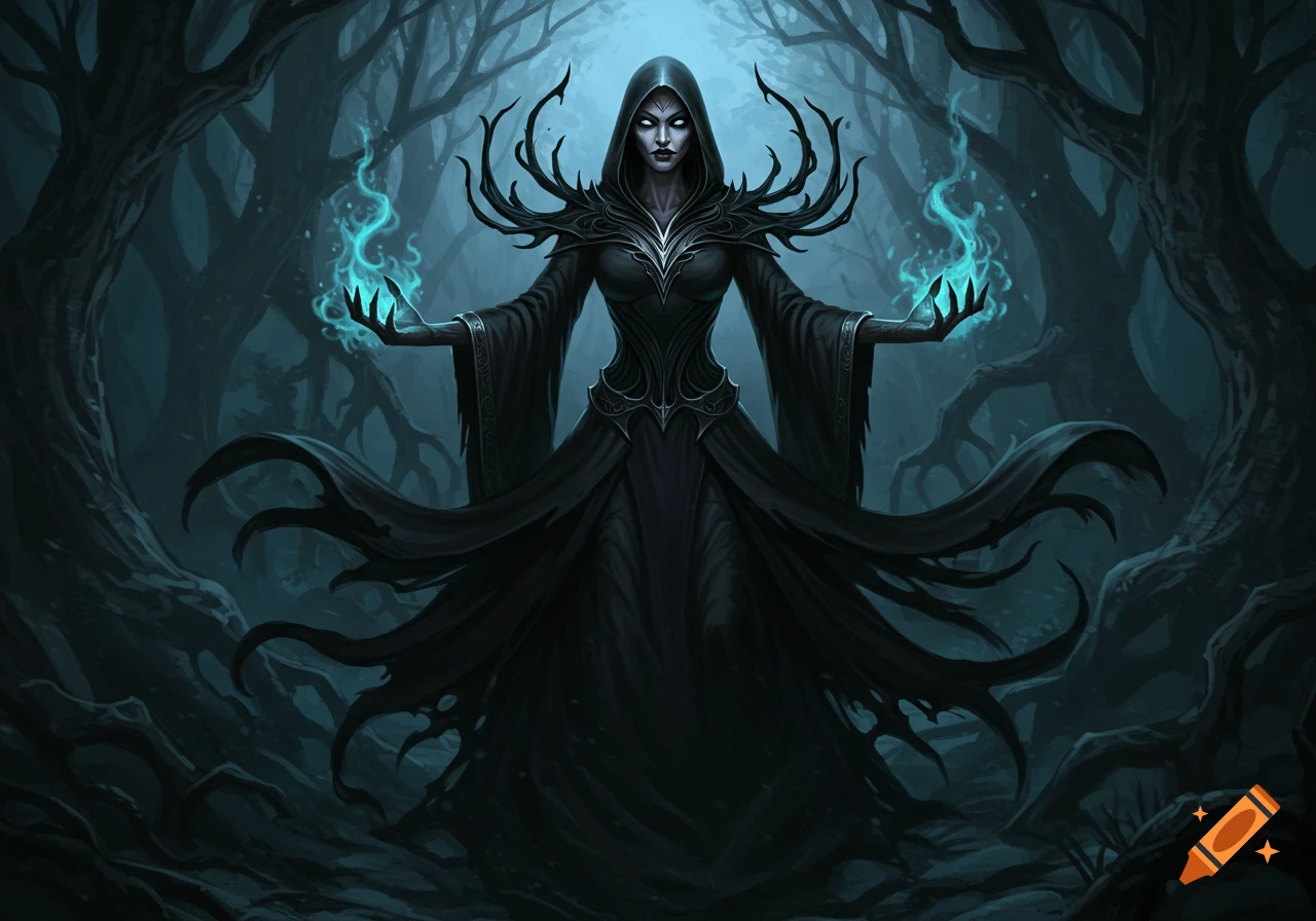 A dark sorceress with a hood and spiked shoulders summons blue magic in a spooky forest, stylized illustration.