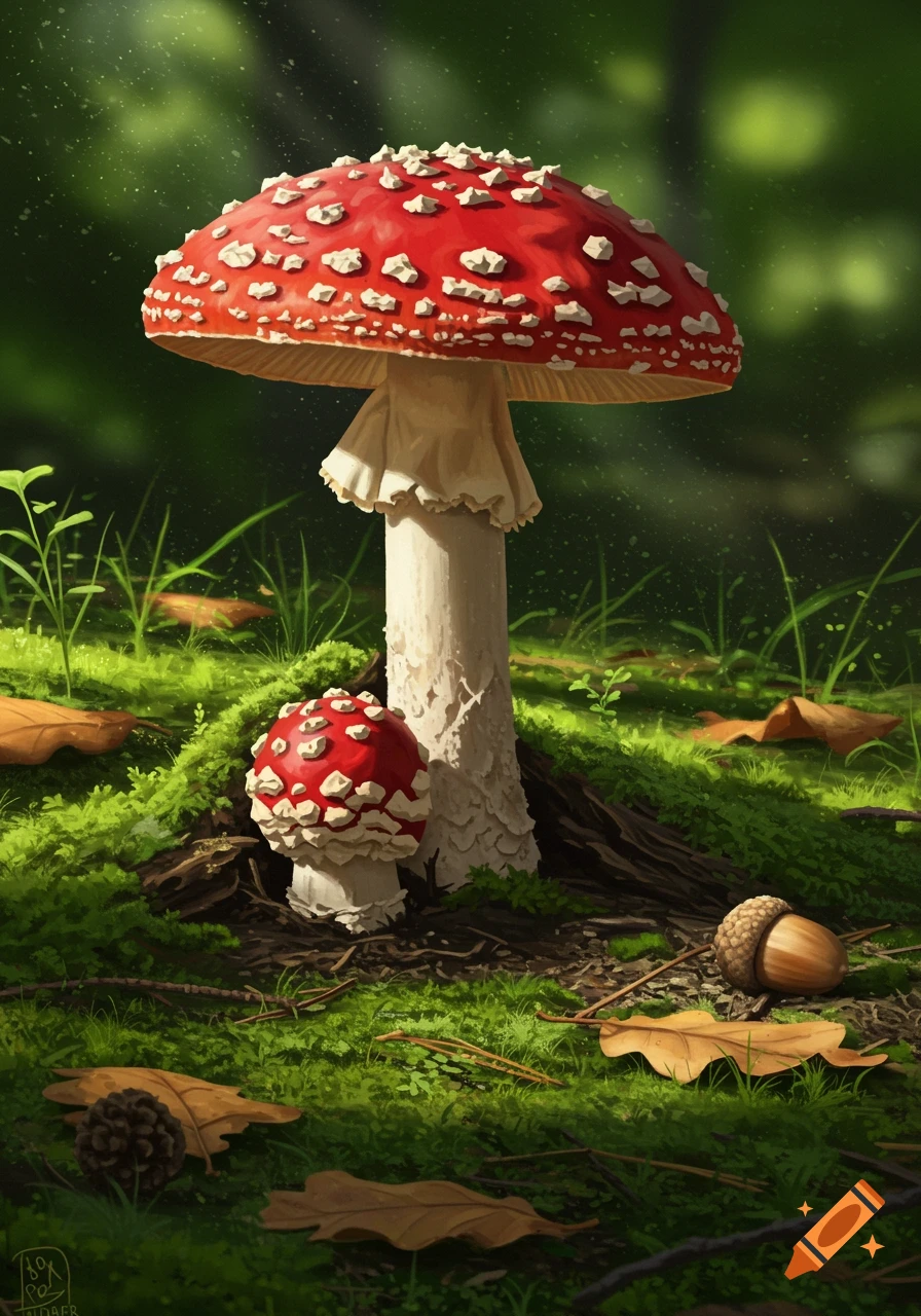 Two realistic fly agaric mushrooms, one large and one small, in a mossy forest floor with fallen leaves and an acorn.