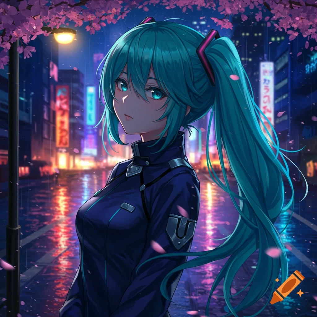 An anime girl with teal hair and a dark blue uniform stands on a rainy city street at night under cherry blossoms, with neon lights in the background.