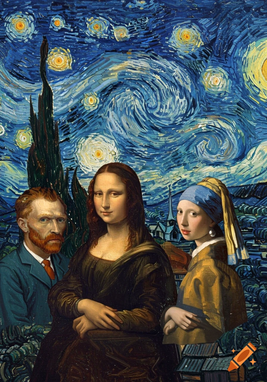 Vincent van Gogh, the Mona Lisa, and the Girl with a Pearl Earring stand against a background resembling The Starry Night.