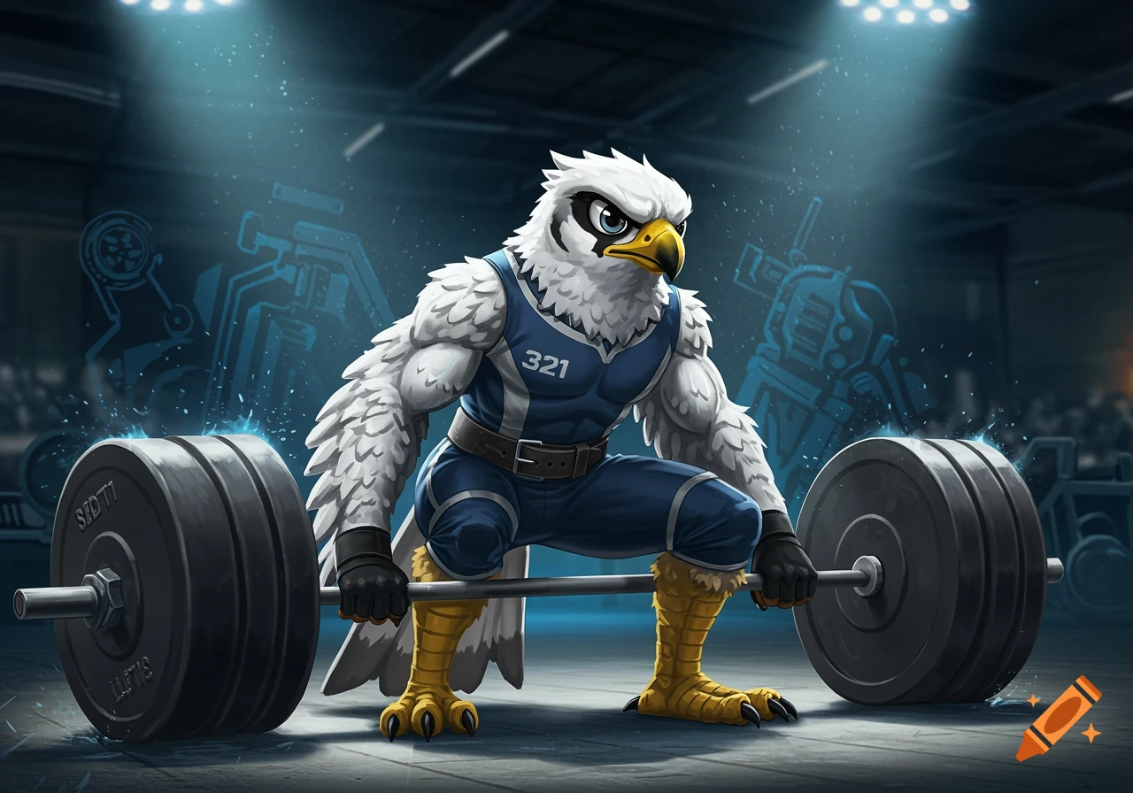 An anthropomorphic eagle mascot in a blue and white singlet deadlifts a heavy barbell in a gym, lit by spotlights.