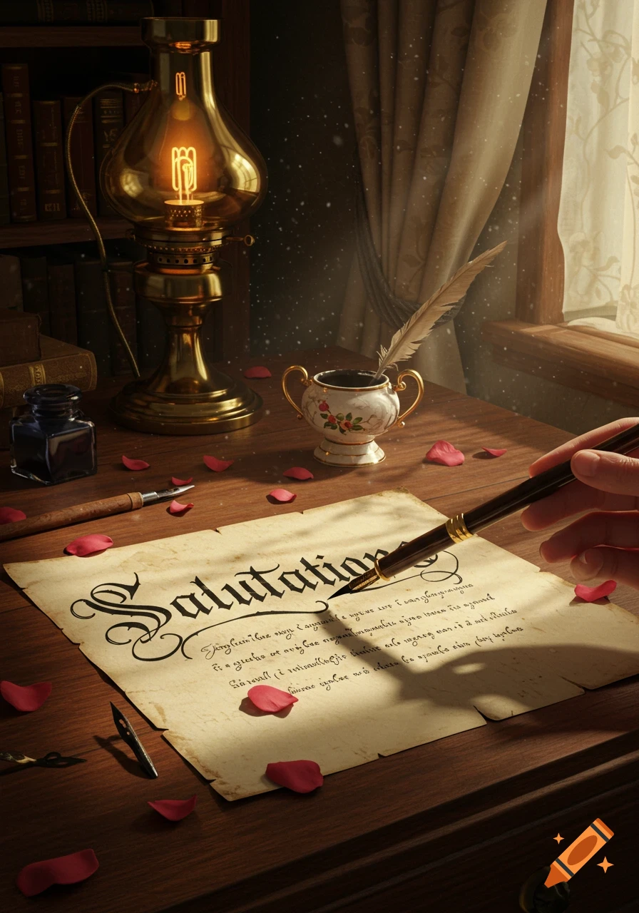 A hand writes 'Salutation' on an old parchment with a quill, on a wooden desk with ink, rose petals, and a glowing vintage lamp by a window.