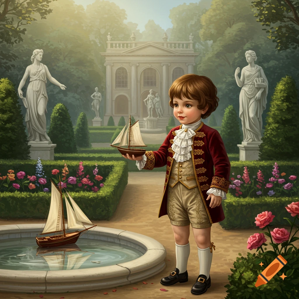 A young boy in historical attire holds a toy sailboat in a classical garden with a fountain and large estate.