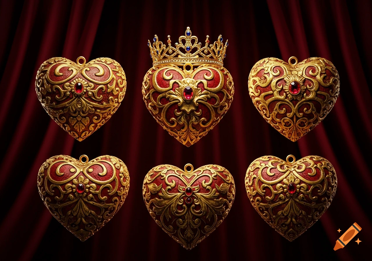 Six ornate red and gold heart-shaped pendants, one with a crown, against a deep red velvet background.