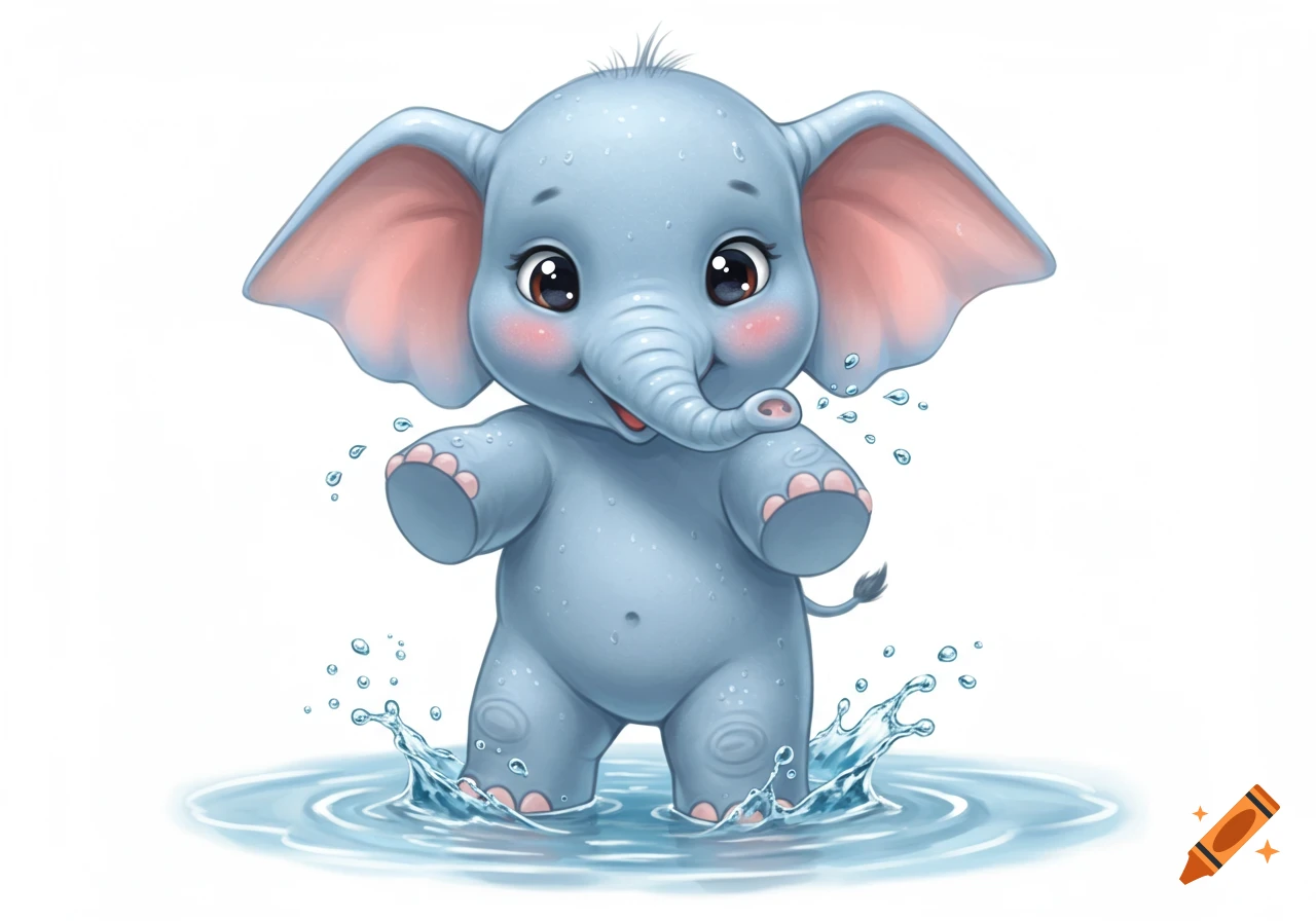 A cute cartoon baby elephant stands in a small pond, splashing water around, isolated on a white background.