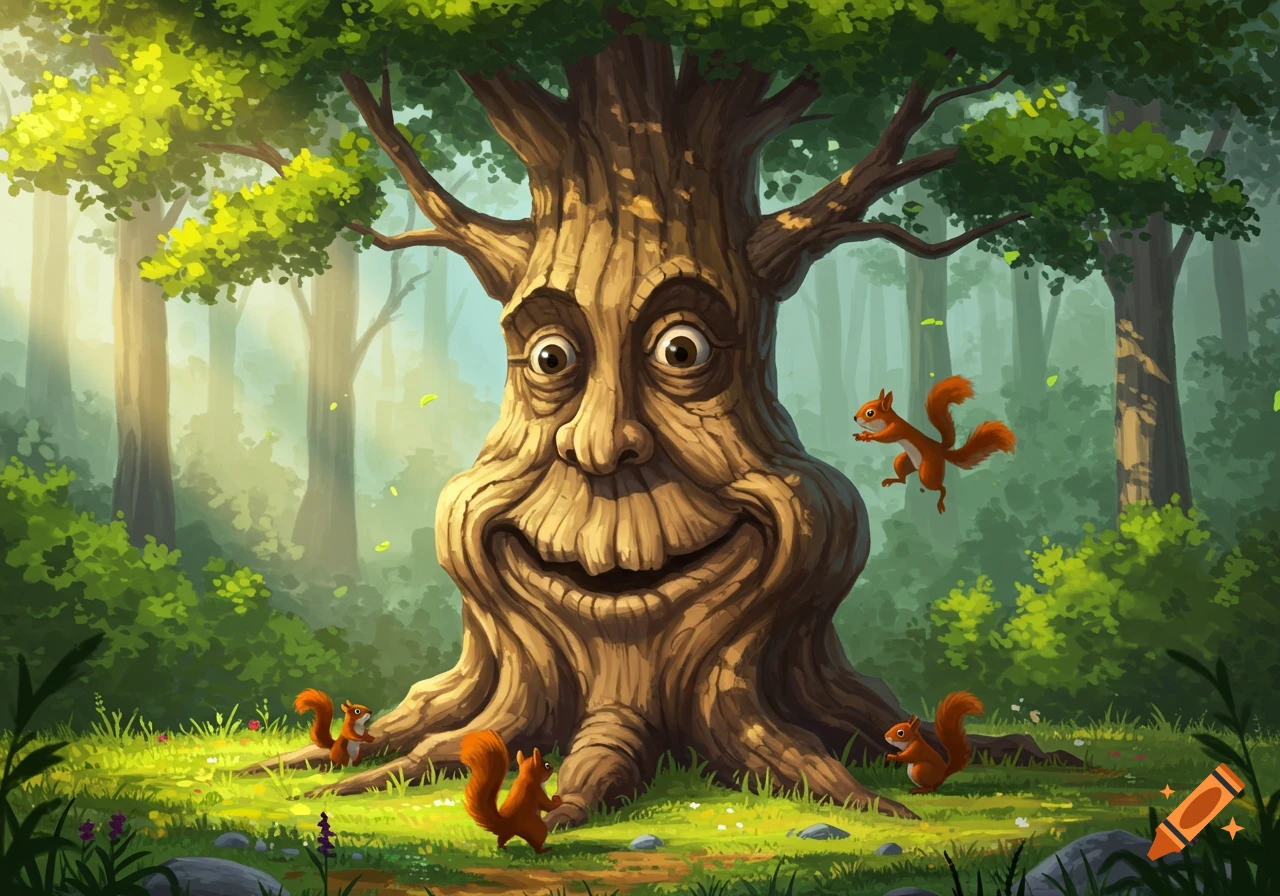 A cartoon tree with a smiling face in a vibrant green forest, surrounded by playful squirrels.