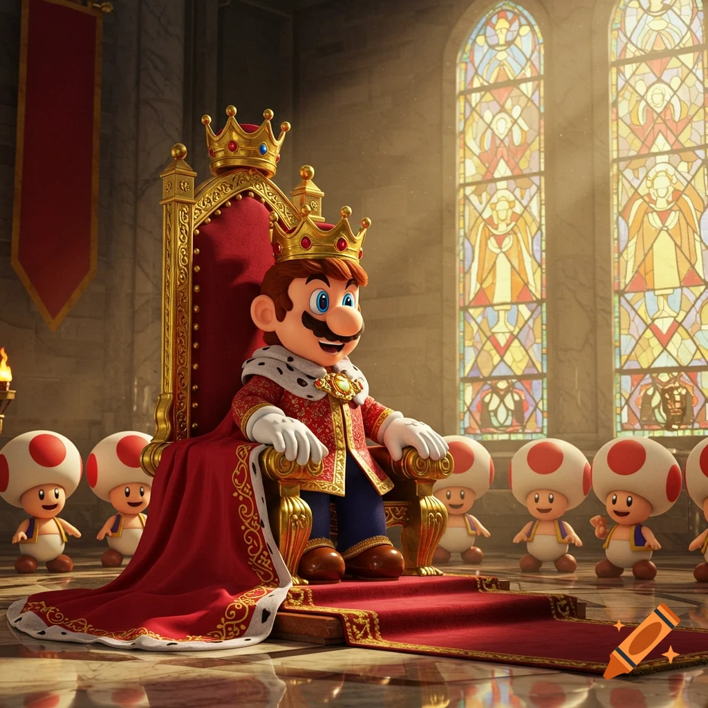 Mario, dressed as a king in a red and gold robe, sits on a throne in a grand hall with stained glass windows, surrounded by small Toads.