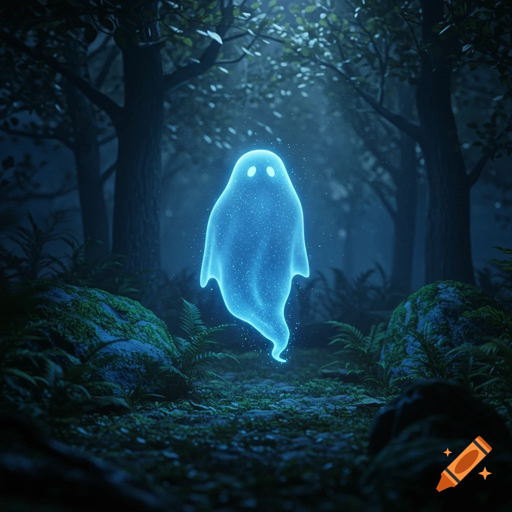 A glowing blue ghost with two white eyes floats in a dark, mossy forest with ethereal light rays filtering through the trees.