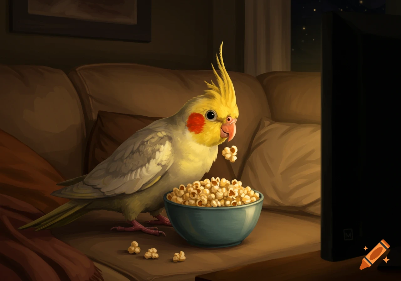 An illustration of a lutino cockatiel eating popcorn from a bowl while sitting on a couch and watching TV in a dimly lit room.