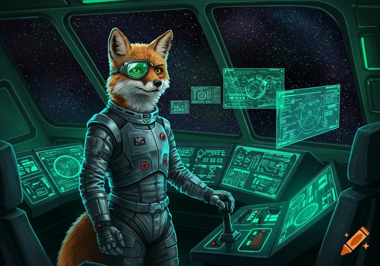 A fox in an astronaut suit pilots a spaceship, looking forward with green goggles, surrounded by glowing green screens and a view of stars.