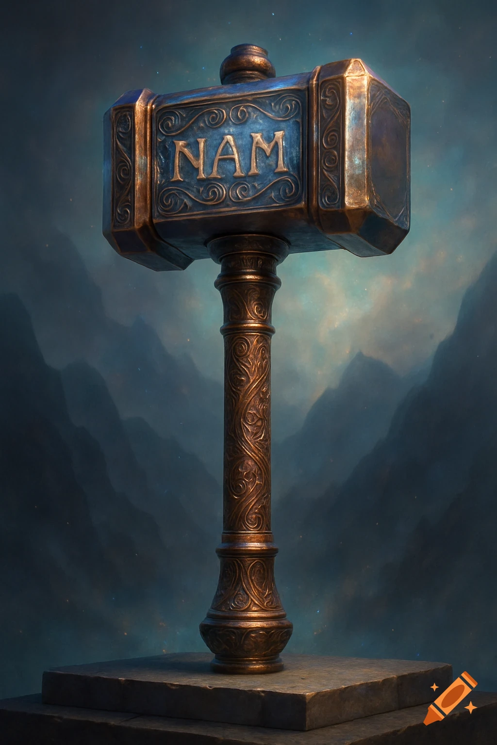 An ornate, bronze mythical hammer with the word NAM on its head, set against a dark, misty mountain background.