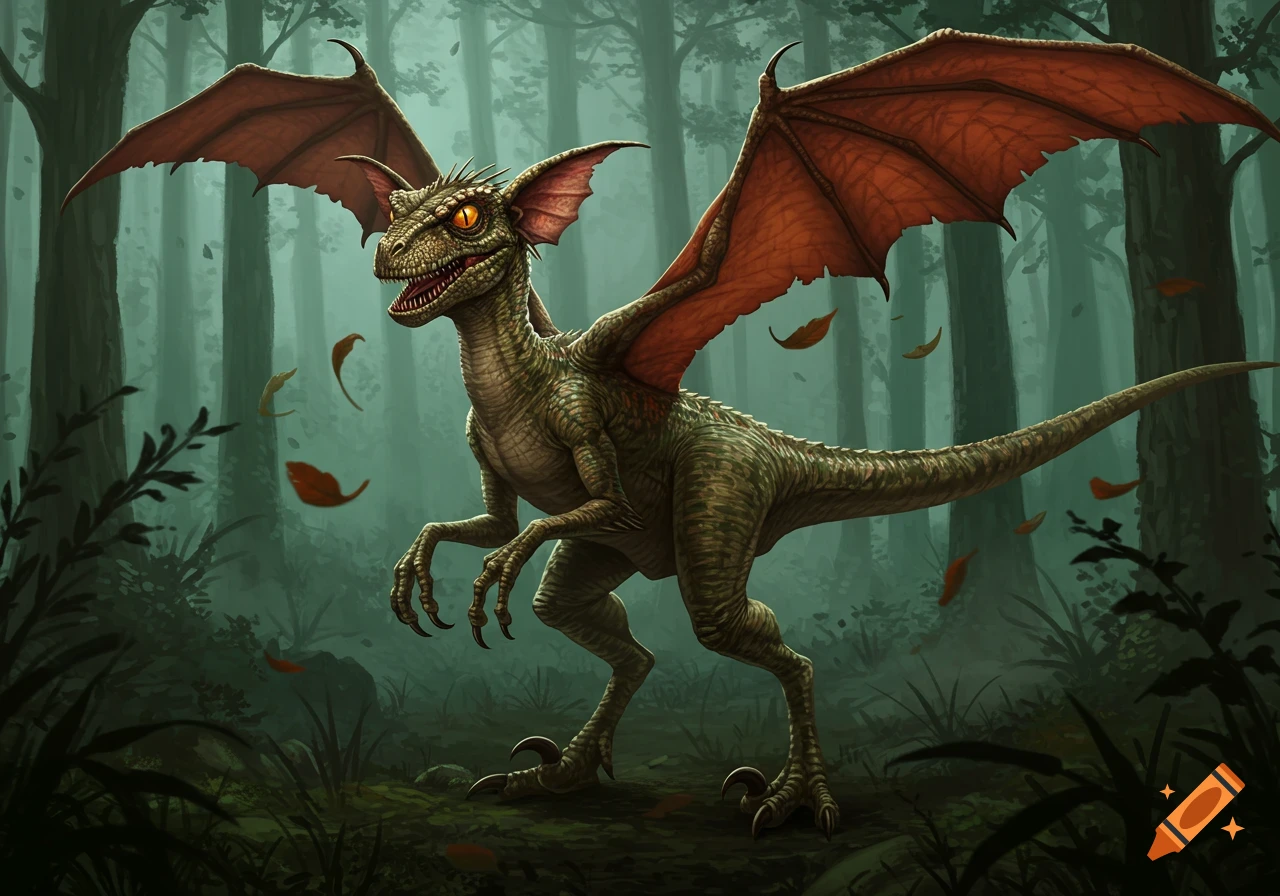 A reptilian creature with large red wings and sharp teeth stands in a misty, dark forest.