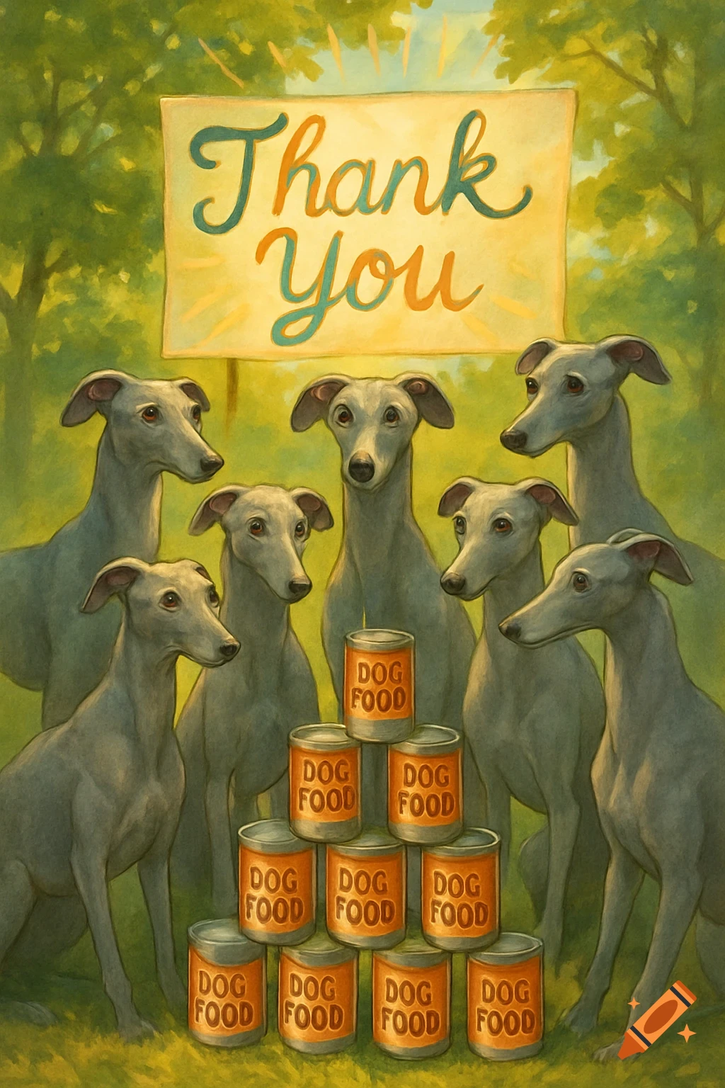Seven greyhounds surrounded by a pyramid of dog food cans, with a "Thank You" banner above them. Painterly style.