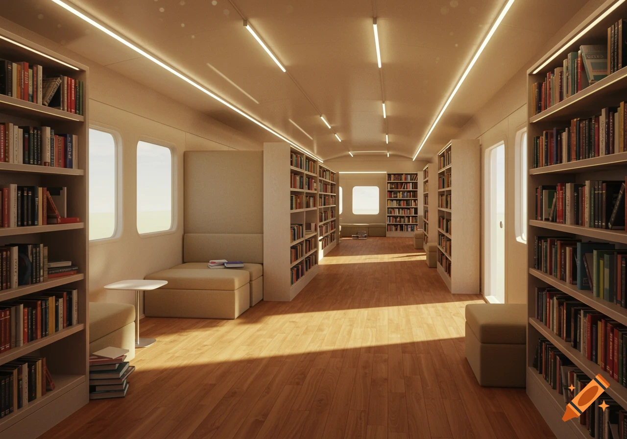 Photorealistic interior of a mobile library, featuring long bookshelves, seating, windows, and sunlit wooden floors.