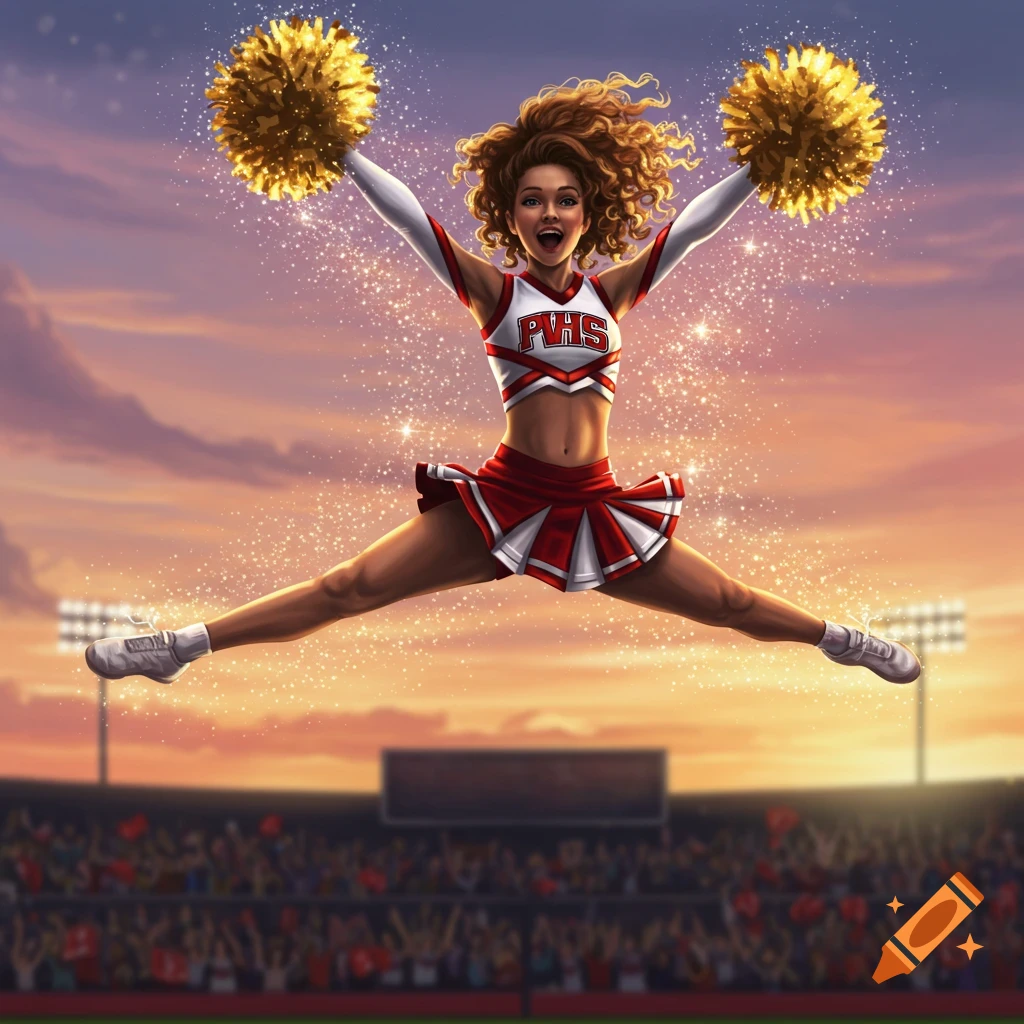 Digital art of a cheerleader in a red and white uniform mid-jump with golden pom-poms in a stadium at sunset.