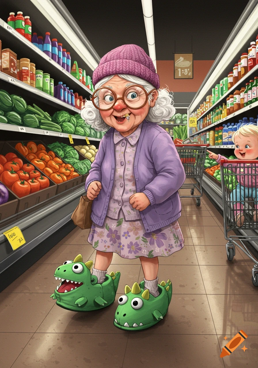 A cartoon illustration of a cheerful old lady in a grocery store, wearing a purple outfit and green dinosaur slippers, with a baby in a shopping cart in the background.