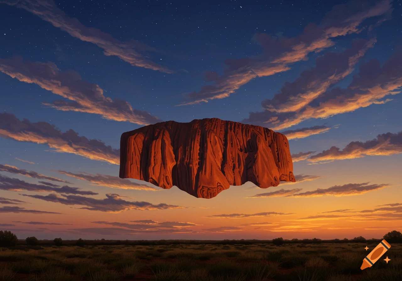 A large, red, floating rock formation hovers over a flat landscape under a vibrant sunset sky with clouds and faint stars.