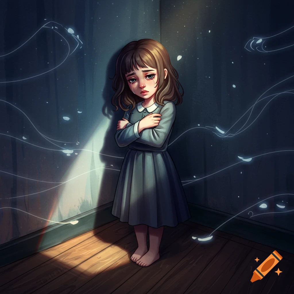 A sad cartoon girl with brown hair and a grey dress hugs herself while standing barefoot in a dimly lit corner with light rays.