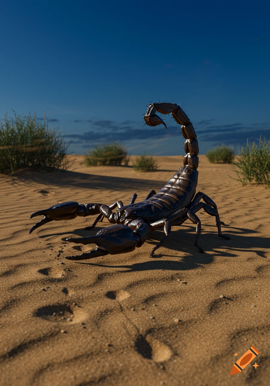 A black scorpion with its tail raised stands on sandy dunes with sparse green bushes under a clear blue sky.