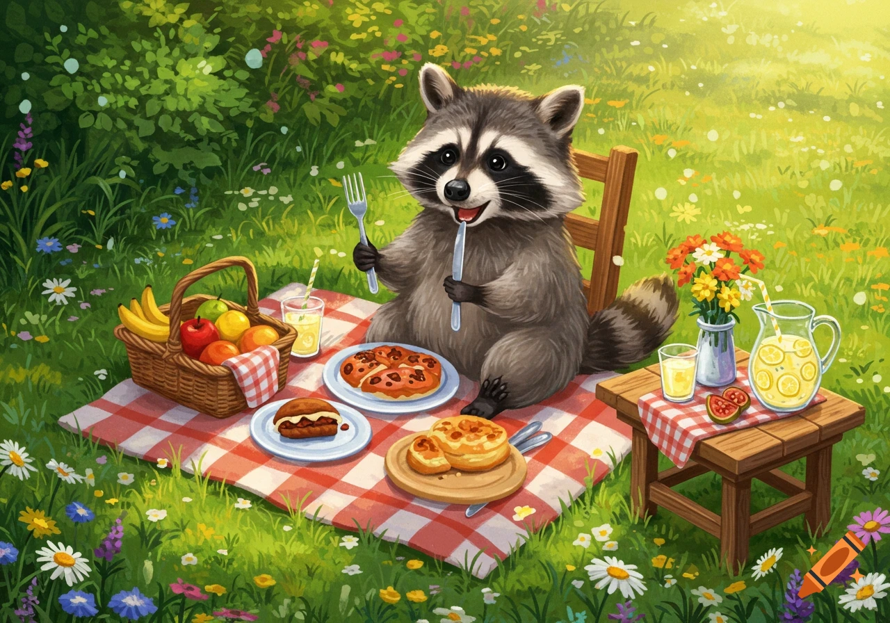A happy, animated raccoon on a checkered picnic blanket in a sunny field, holding a fork and knife with food and lemonade.