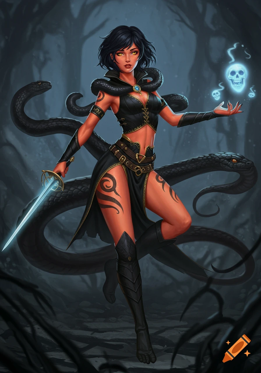 A dark fantasy illustration of a woman with black hair and glowing yellow eyes, holding a glowing sword and conjuring blue skull spirits, with large black snakes around her.