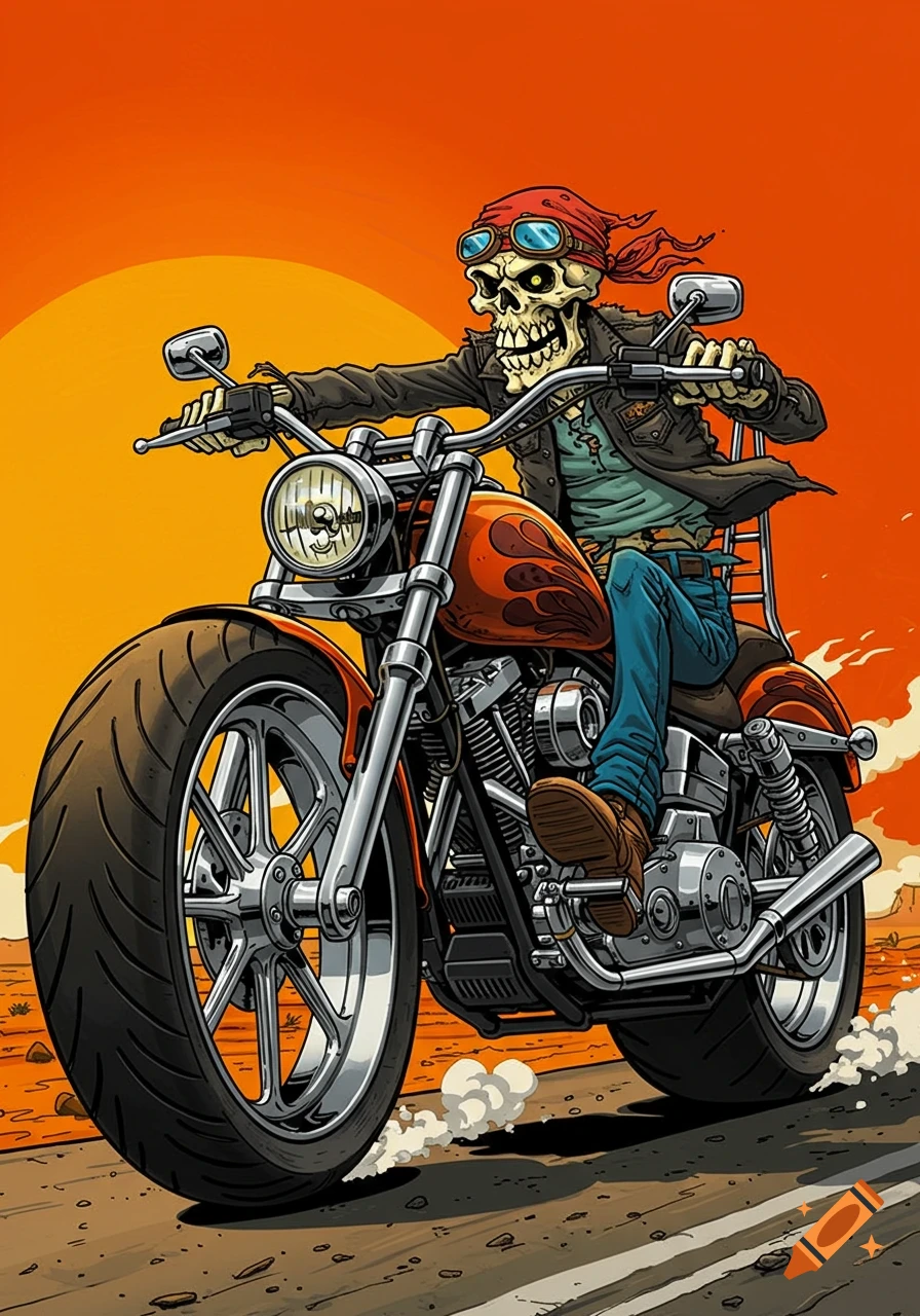 An animated skeleton in a red bandana and goggles rides a customized orange Harley Davidson motorcycle through a desert landscape at sunset, in the style of Dave Mann.