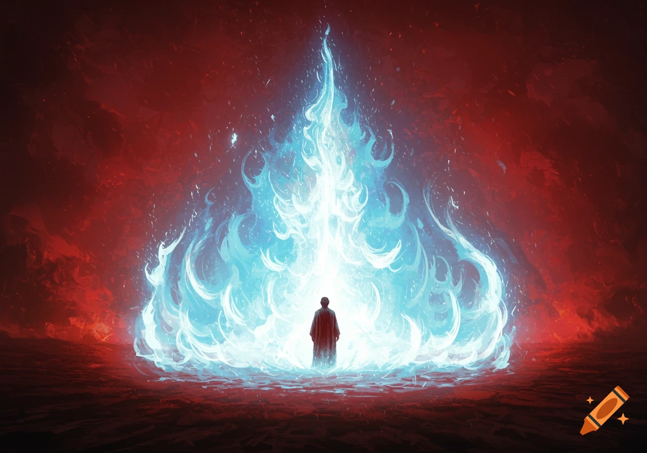 A solitary figure stands before a towering, glowing blue flame against a fiery red background in a stylized digital painting.