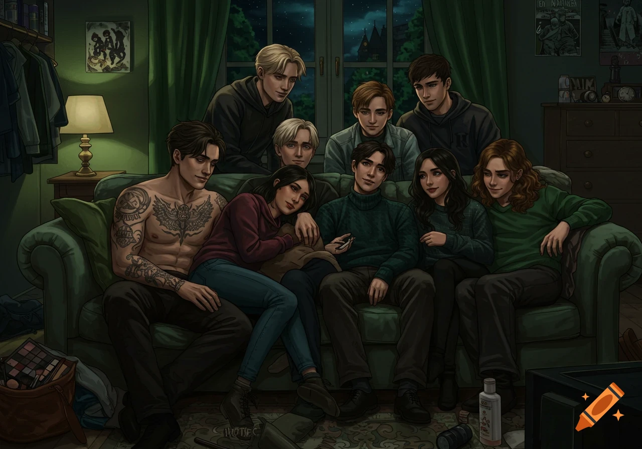 A group of young people, including a shirtless man with tattoos, sitting on a couch in a dimly lit room, in an anime art style.