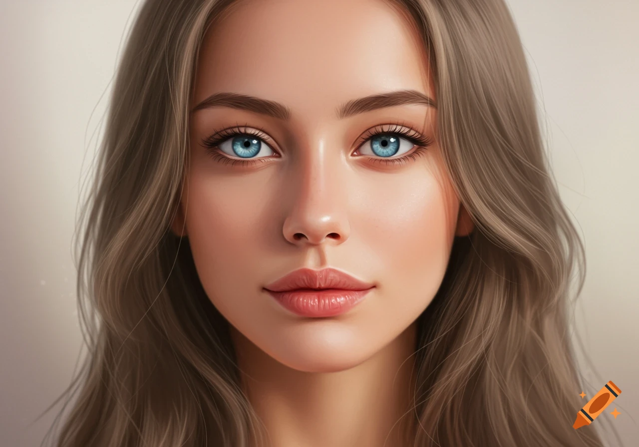 Close-up digital portrait of a woman with light blue eyes, mousy brown hair, and soft lips, looking directly forward.