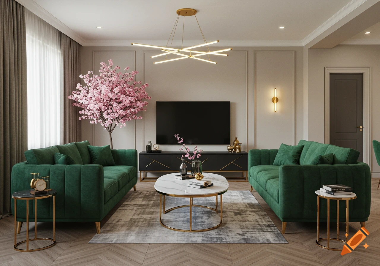 Modern living room with two emerald green sofas, a black TV console, a marble coffee table, and a pink cherry blossom tree.