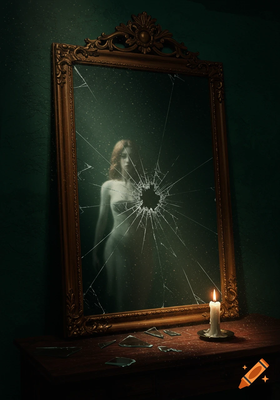 A broken ornate mirror against a dark wall reflects a ghostly woman; a lit candle and glass shards are on the table below.