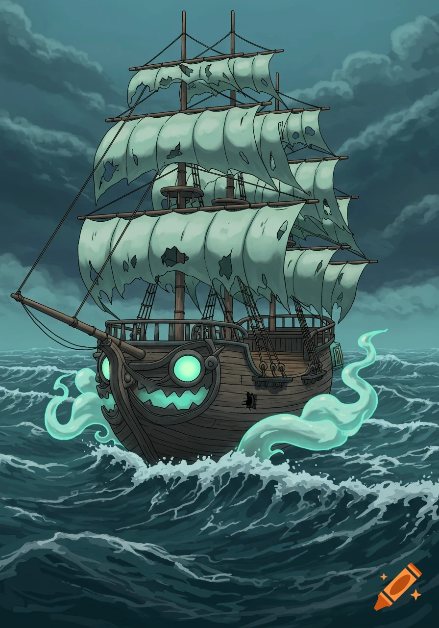 A cartoon haunted pirate ship with glowing green eyes and a spooky smile sails on stormy seas, with tattered sails and ghostly trails.