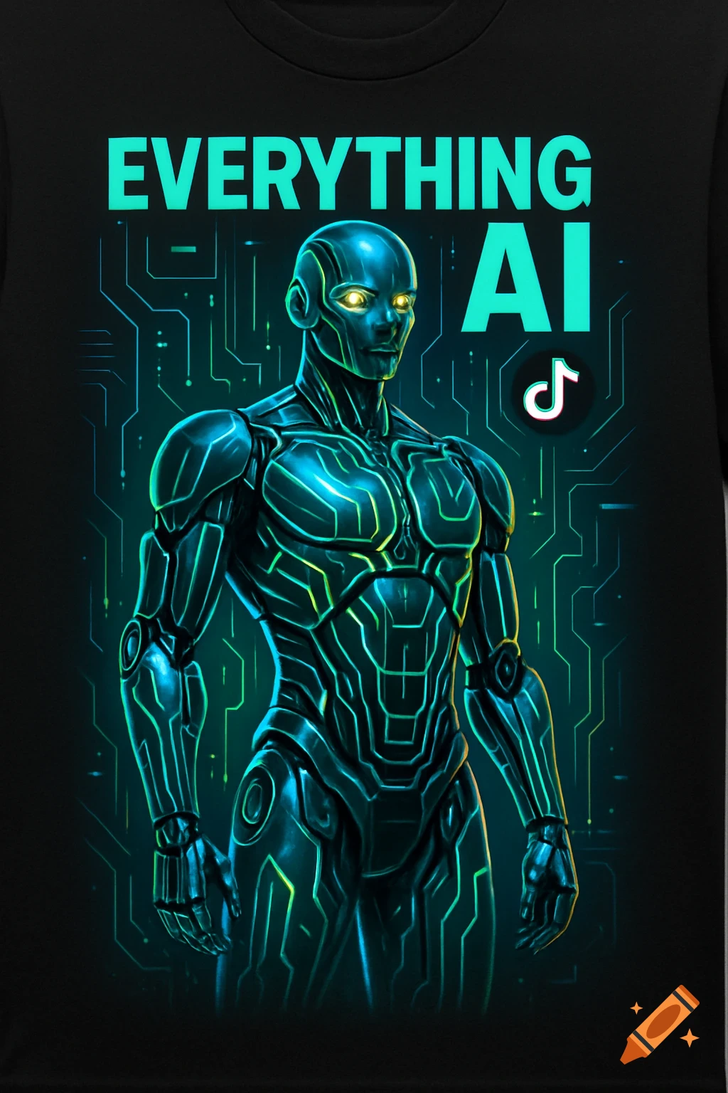 A black t-shirt with a glowing blue and green robot, yellow eyes, circuit background, and text 'EVERYTHING AI' with a TikTok logo.
