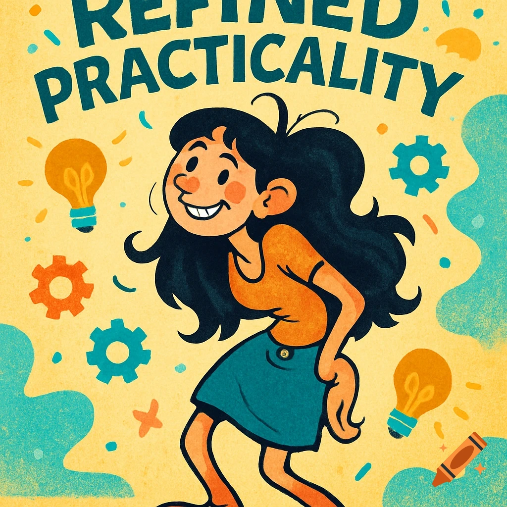 A smiling cartoon girl with black hair in an orange shirt and blue skirt, surrounded by floating lightbulbs and gears, with the words 'REFINED PRACTICALITY' above her head.