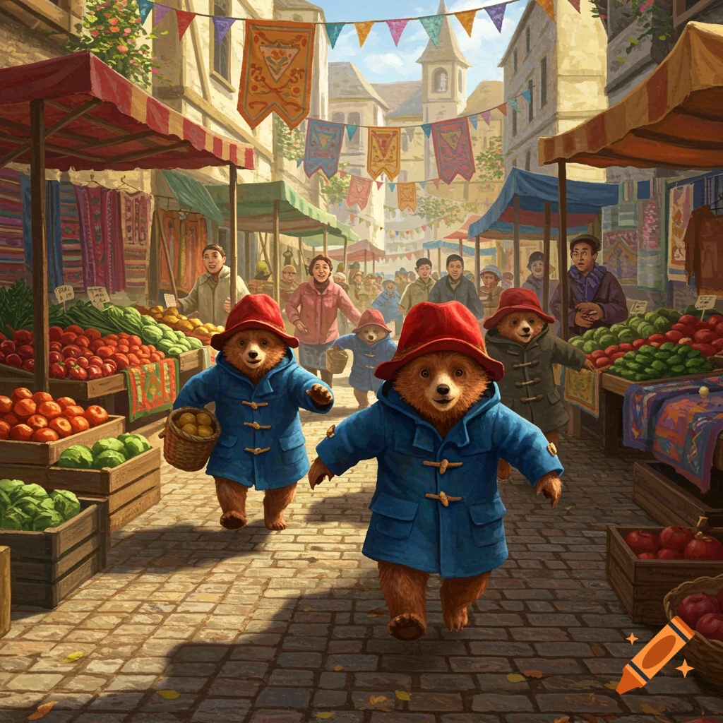 Multiple Paddington Bears in blue coats and red hats run through a bustling market square with fruit stalls, under decorative banners.