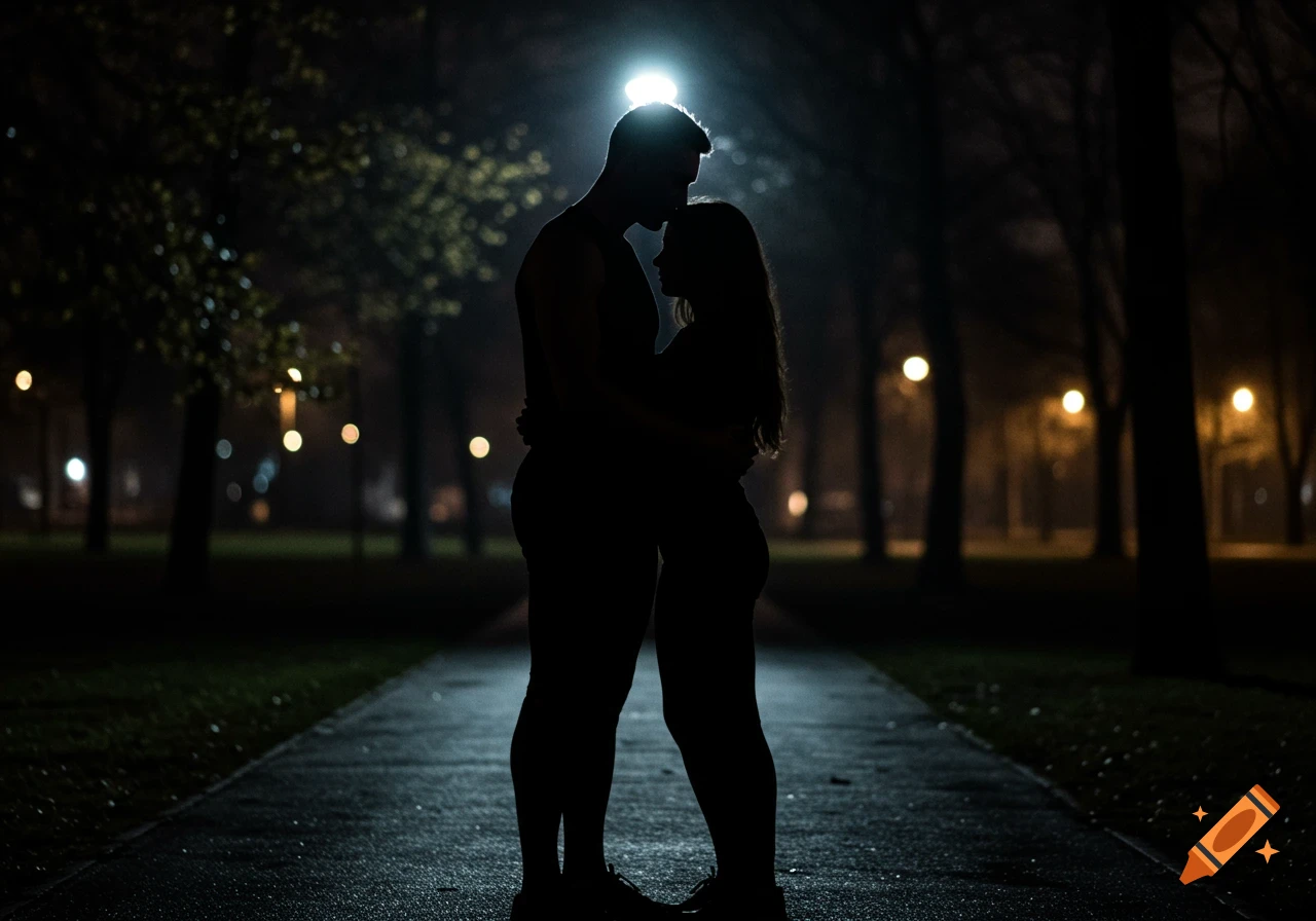 Silhouetted couple embracing in a dark park at night with streetlights in the background, photorealistic style.