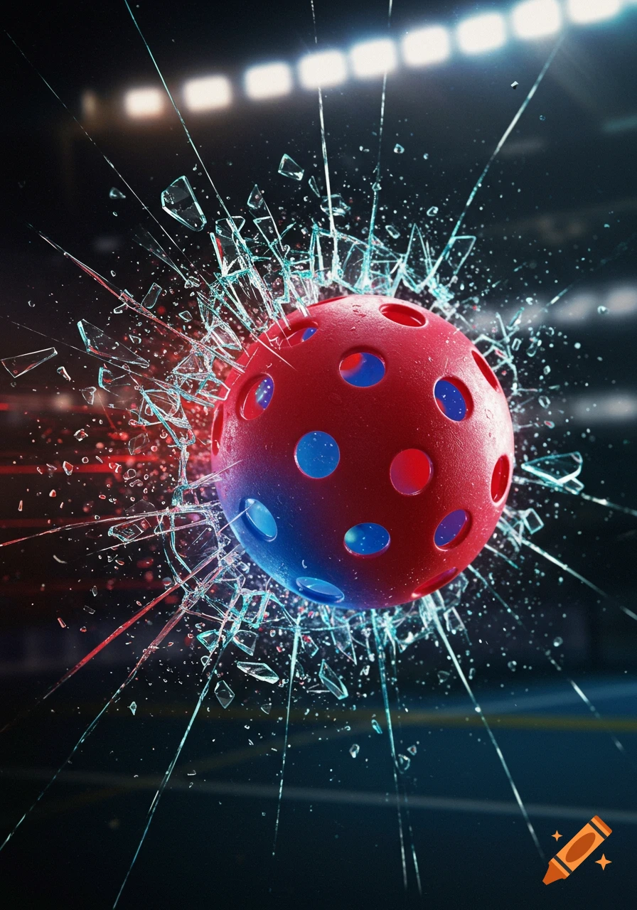 A red and blue pickleball smashes through glass, shattering it into sharp shards, against the backdrop of a sports arena.