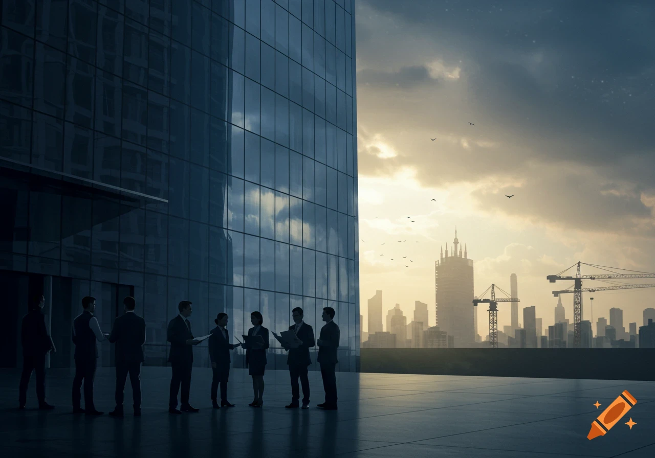 Silhouetted business people stand on a rooftop plaza next to a glass skyscraper, with a city skyline at dusk.