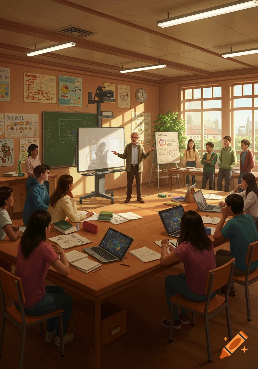 A teacher lectures a group of students gathered around a large wooden table in a bright classroom with posters and whiteboards. Some students are looking at laptops.