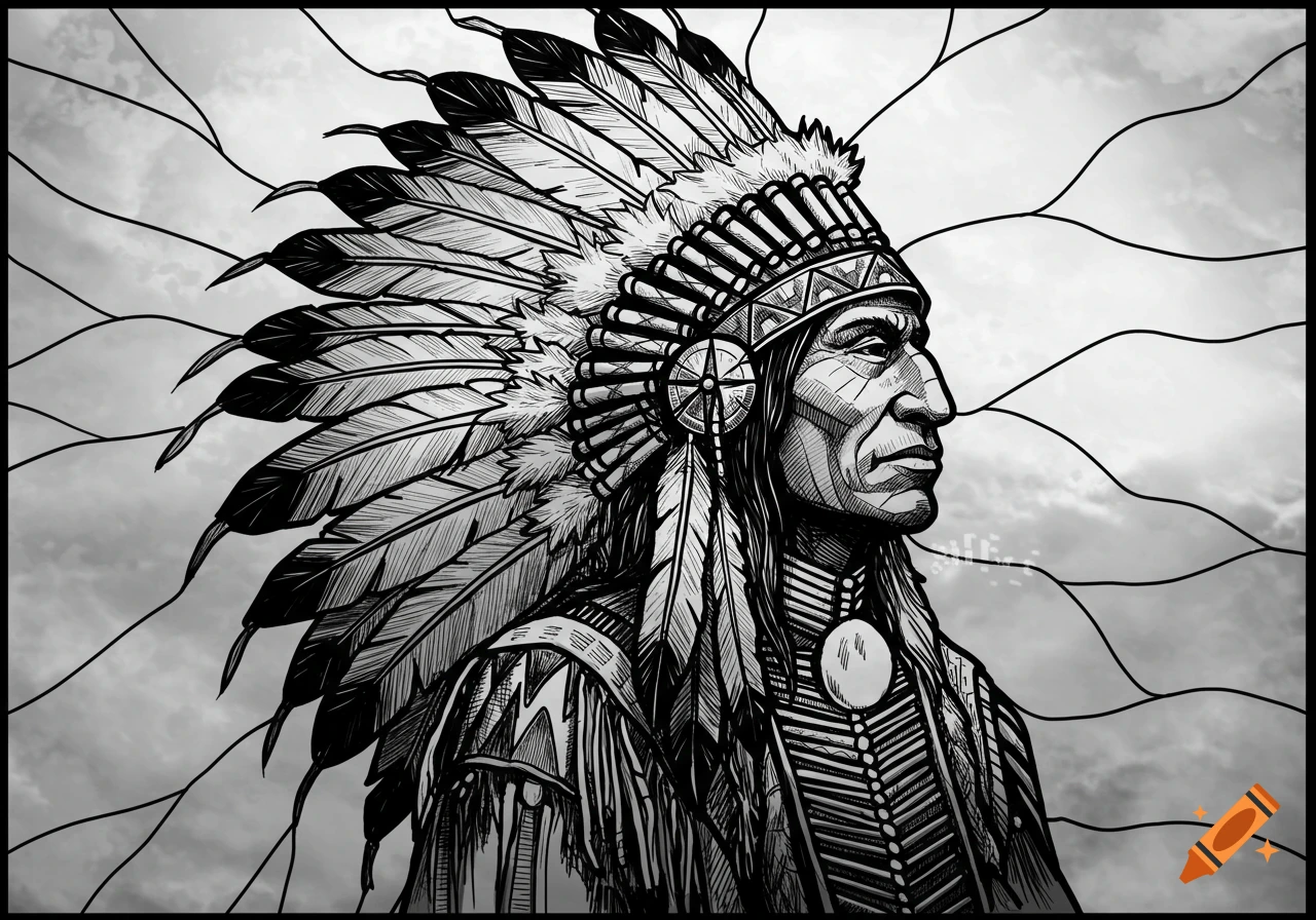 Black and white outline illustration of a Native American chief in a stained glass style.